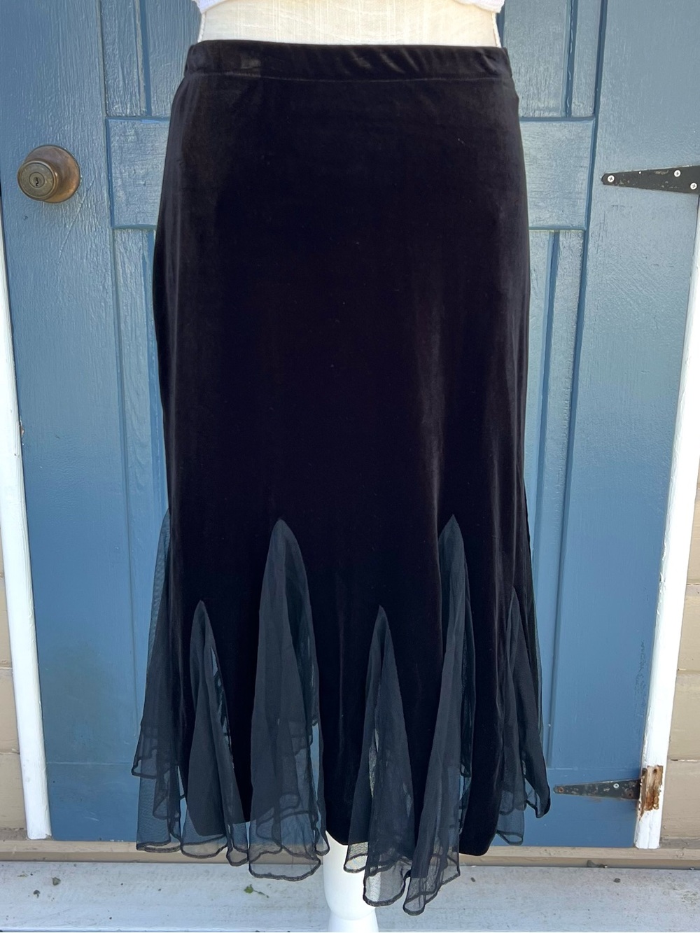 Vintage 90's whimsygoth Black Xscape Velvet Skirt Sheer Insert Detail Size S